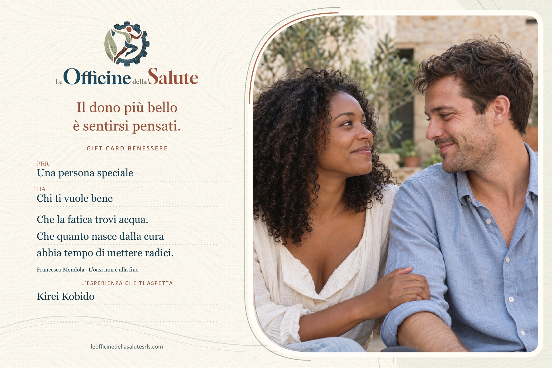 Esempio del fronte stampabile: logo originale, fotografia, dedica e frase Il dono più bello è sentirsi pensati