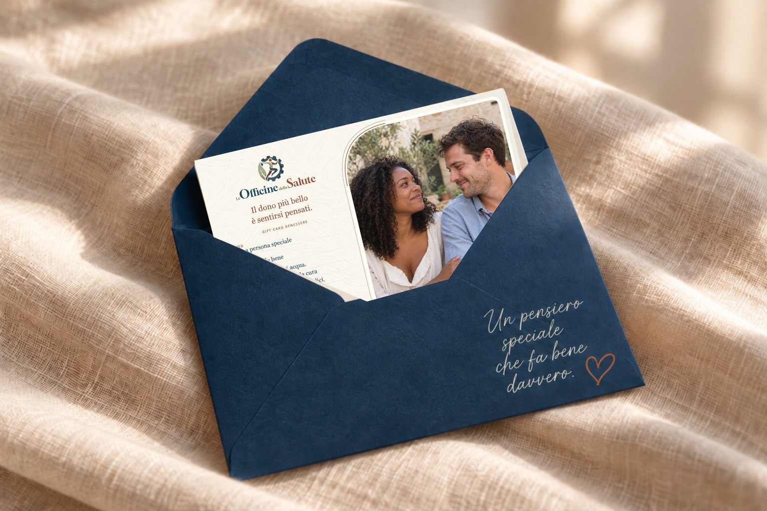 Simulazione della gift card 10×15 con due persone immaginarie e logo originale